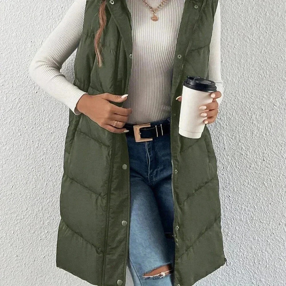 Army Green Casual Women's Zip Up Slant Pocket Sleeveless Hooded Padded Coat - Picture 4 of 4